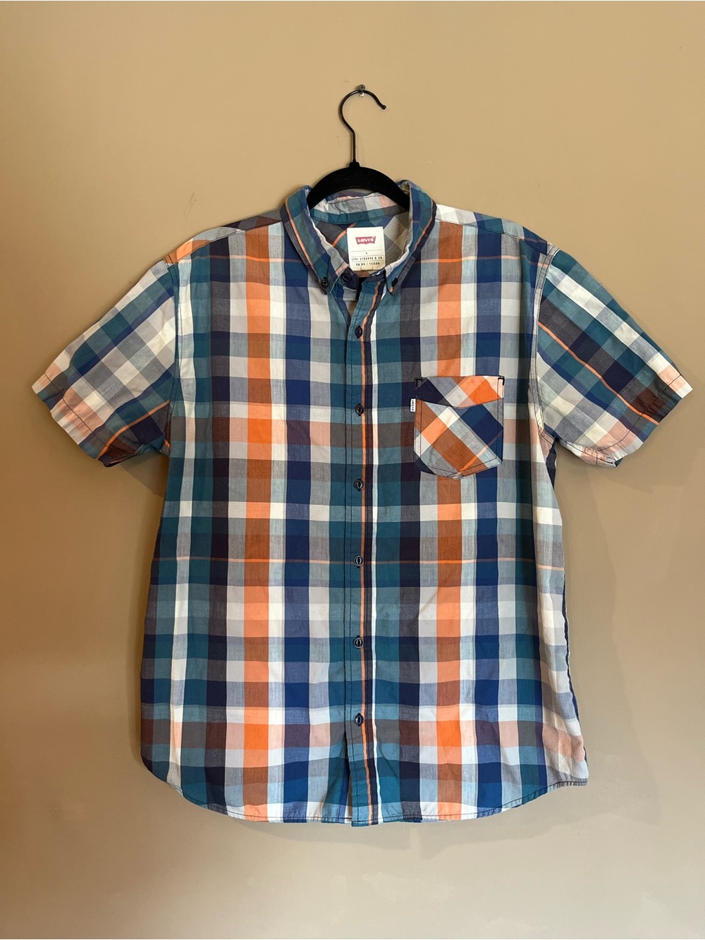 Levi's Men's Plaid Short Sleeve Button Down Shirt Size Large Blue Orange